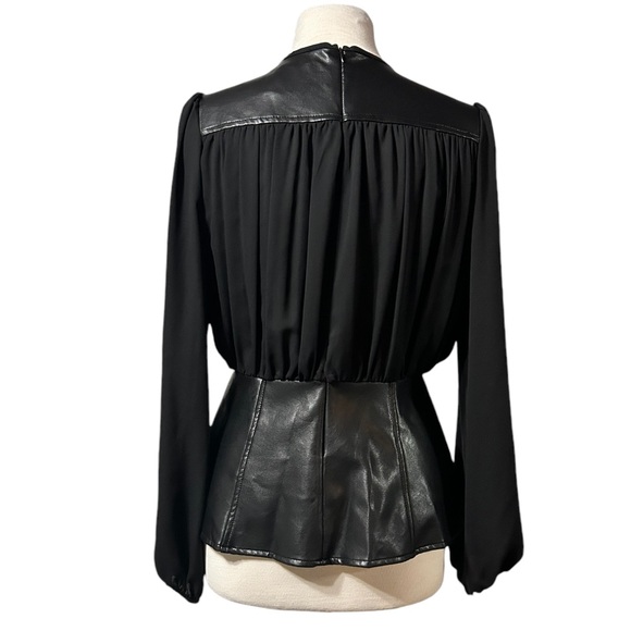 Joseph Ribkoff Black Pleated Long Sleeve top with Pleather Peplum US Size 6 - Picture 2 of 5